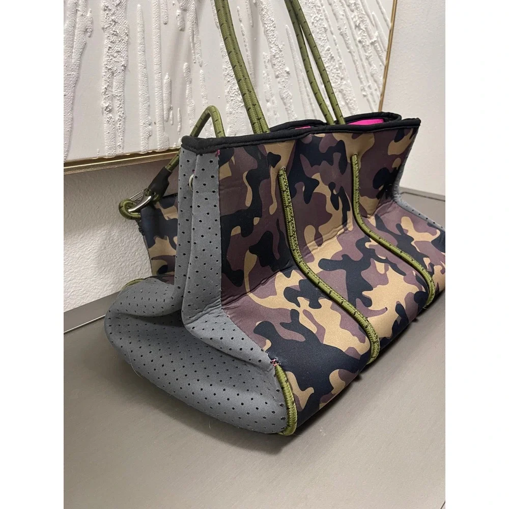 Camo Neoprene Tote Bag Carry On, Travel Gym Bag Pink Orange with Pouch Large